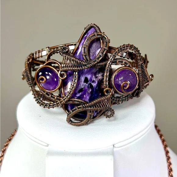 Charoite Amethyst Copper Wrapped Gemstone Bangle ONLY - Picture 1 of 9